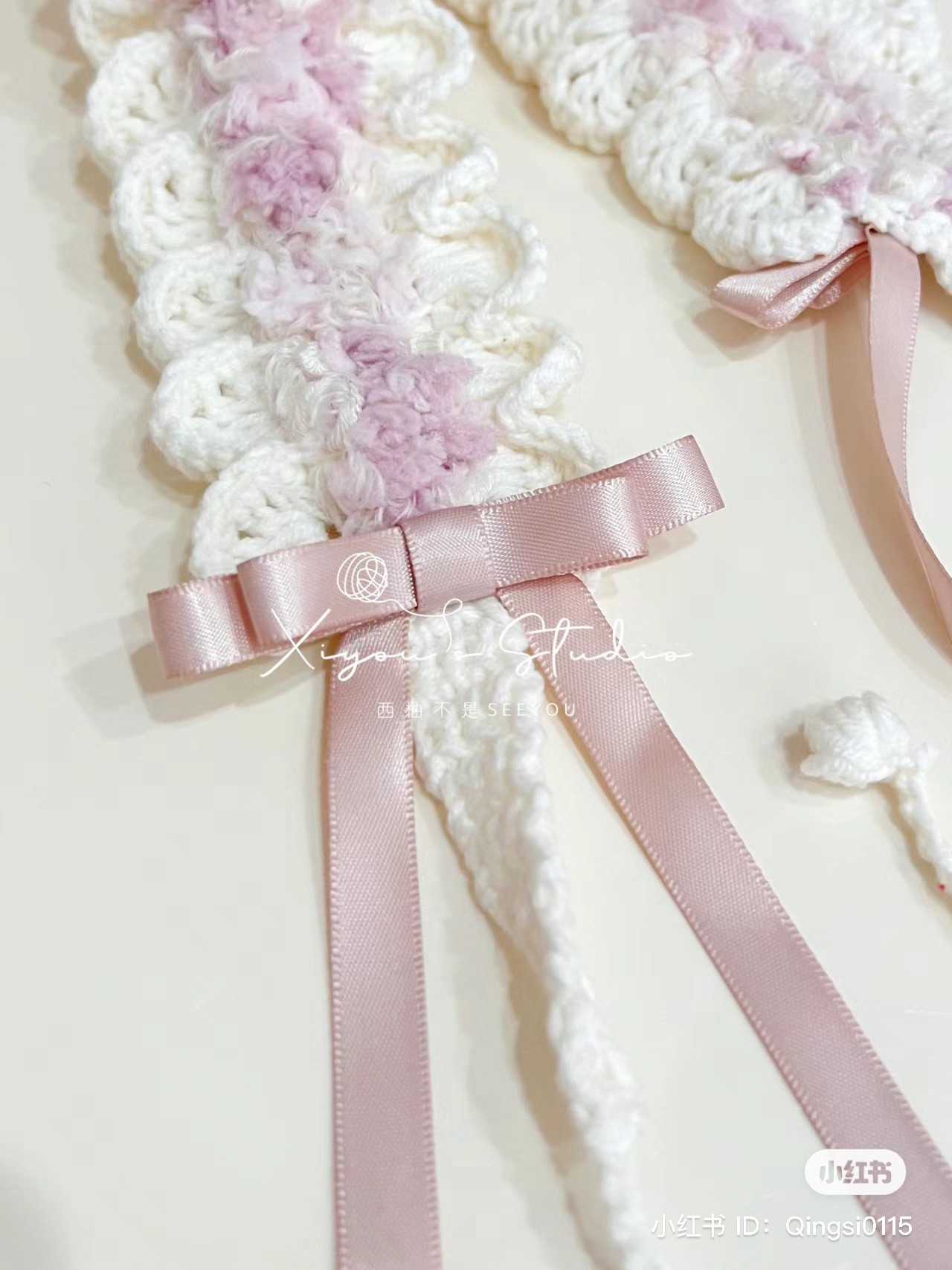 Hand-spun yarn headband crochet tutorial pattern with pink ribbon