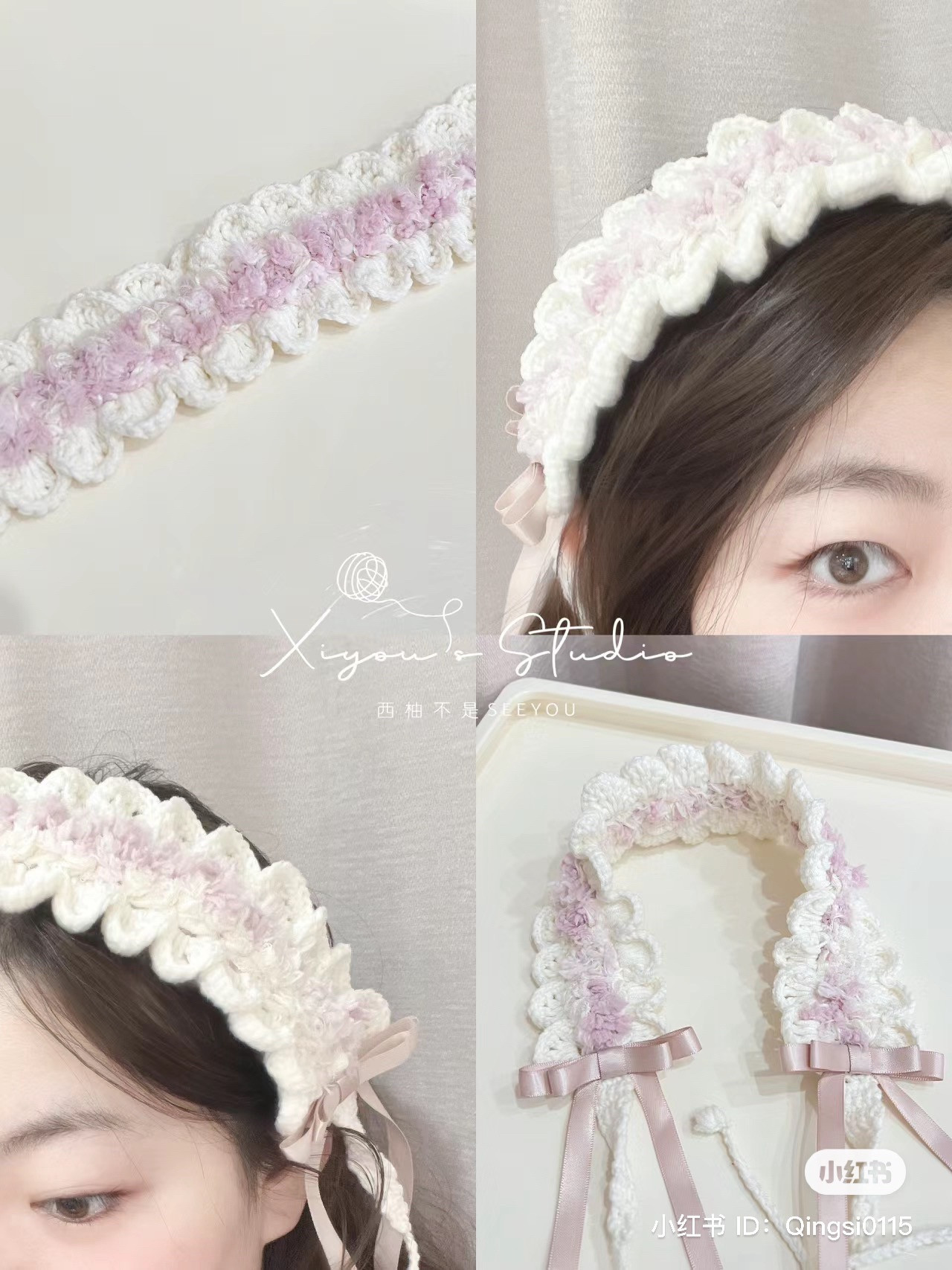 Hand-spun yarn headband crochet tutorial pattern with pink ribbon
