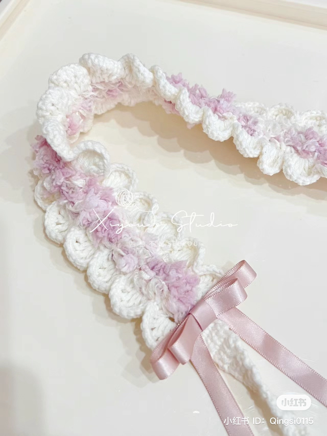 Hand-spun yarn headband crochet tutorial pattern with pink ribbon