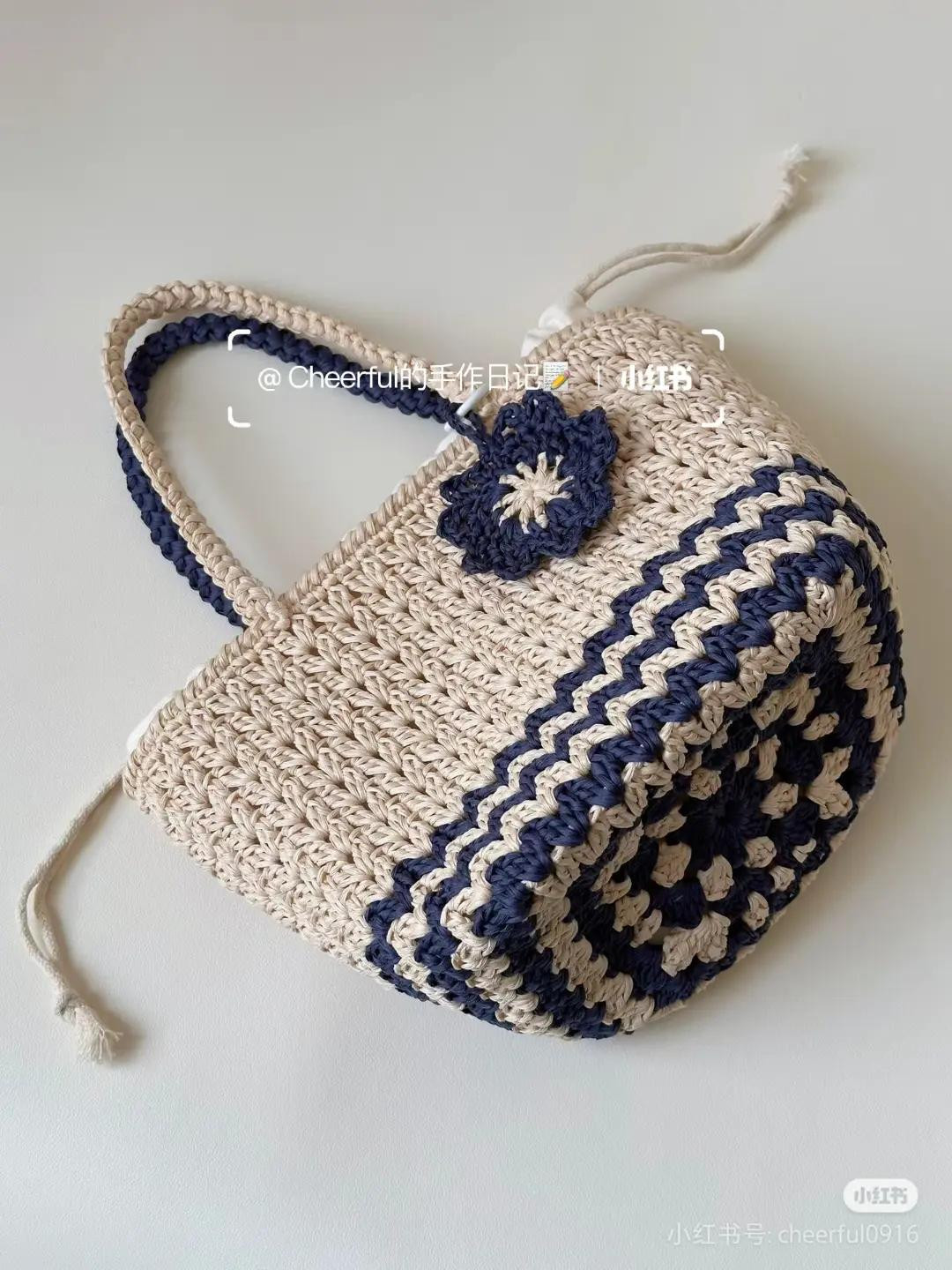 Handmade Beige and Navy Blue Crochet Tote Bag with Flower Charm