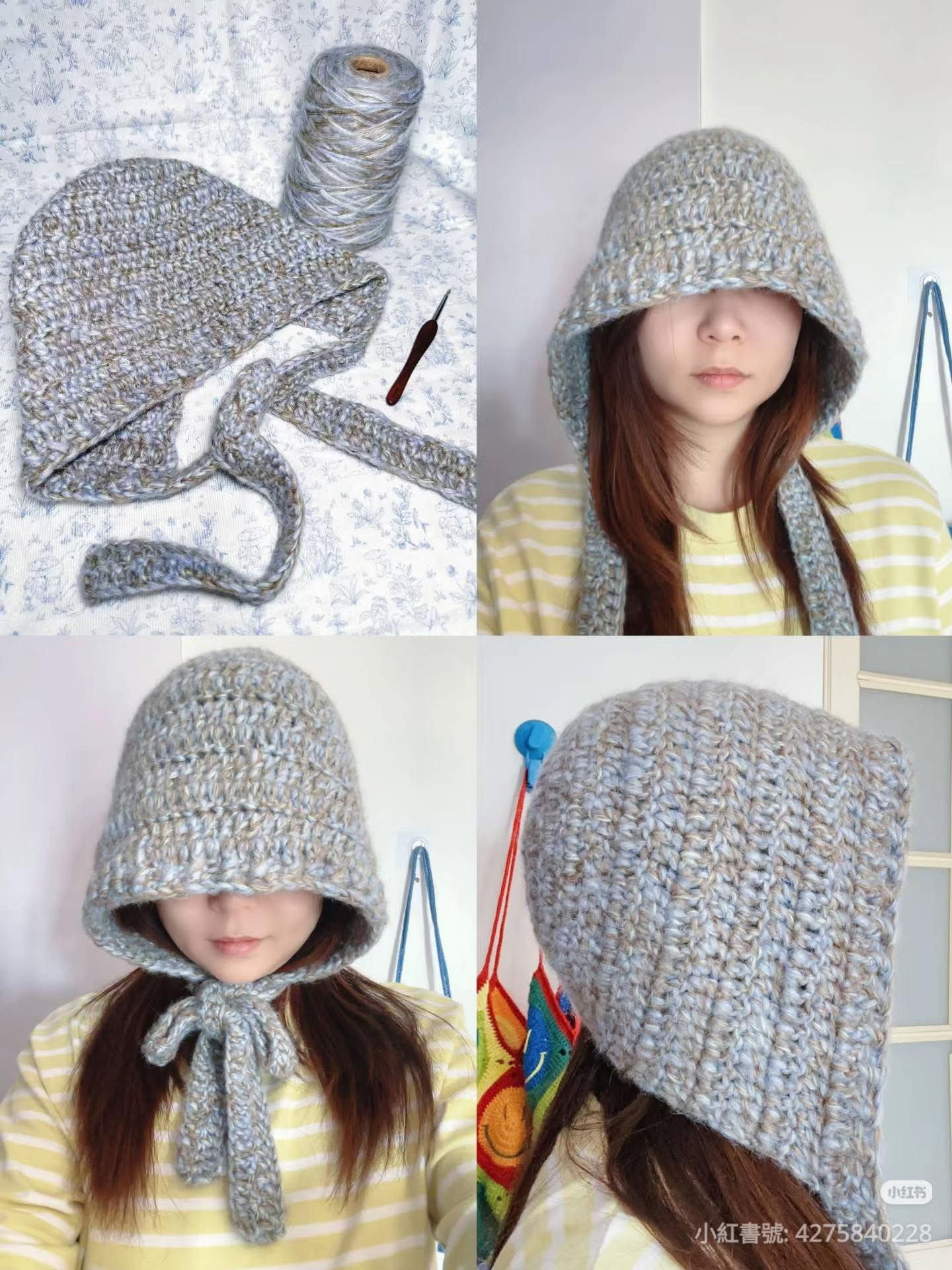 Handmade Chunky Grey Crochet Bucket Hat with Chin Straps Pattern