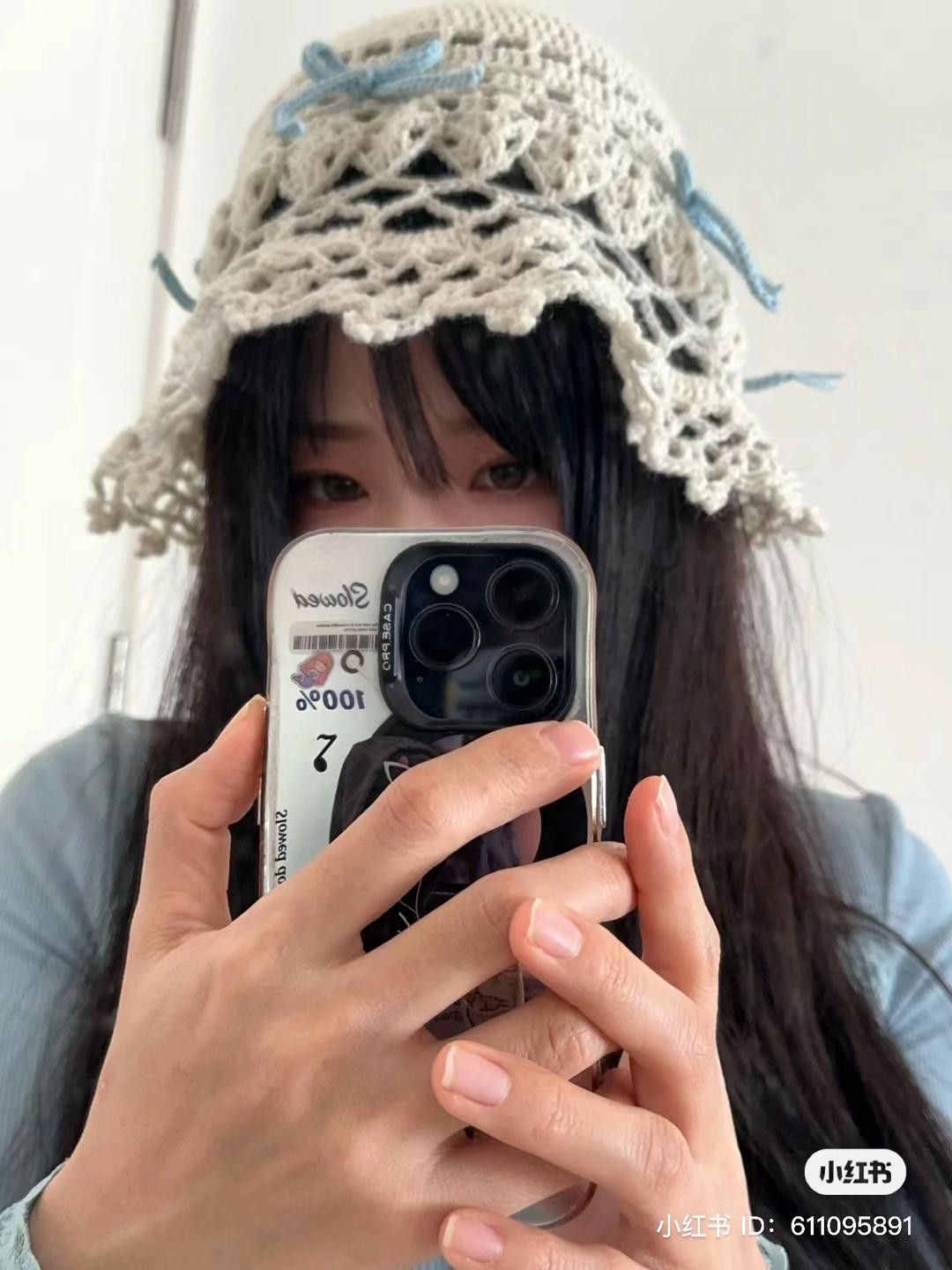 Handmade Cream Crochet Hat and Bikini Set with Blue Bow Accents