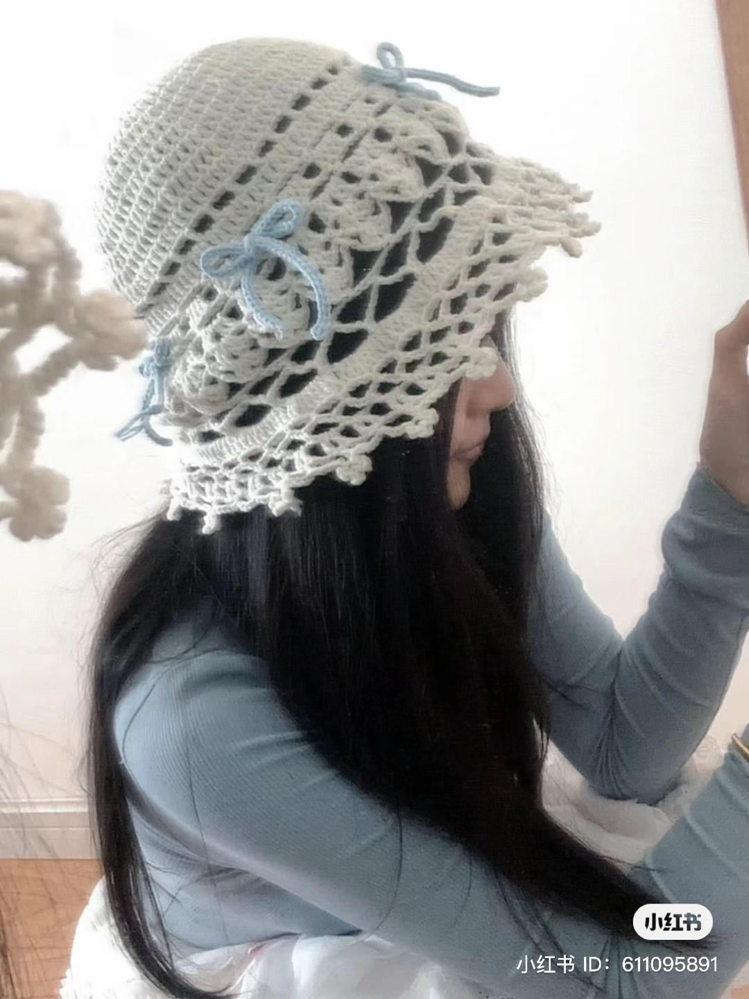 Handmade Cream Crochet Hat and Bikini Set with Blue Bow Accents