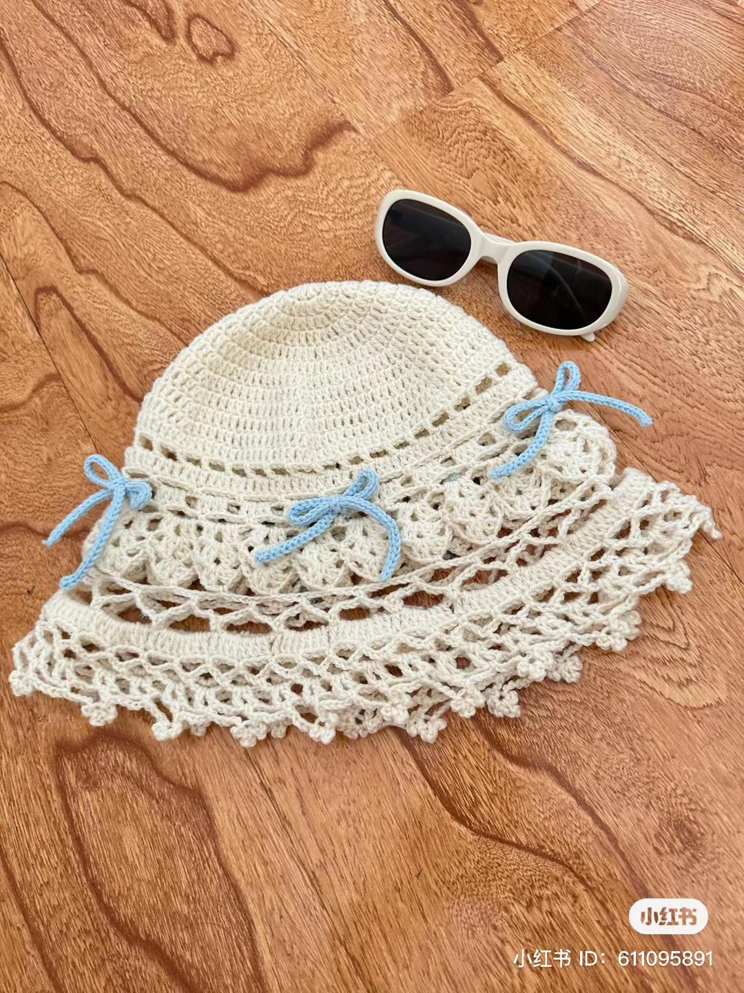 Handmade Cream Crochet Hat and Bikini Set with Blue Bow Accents