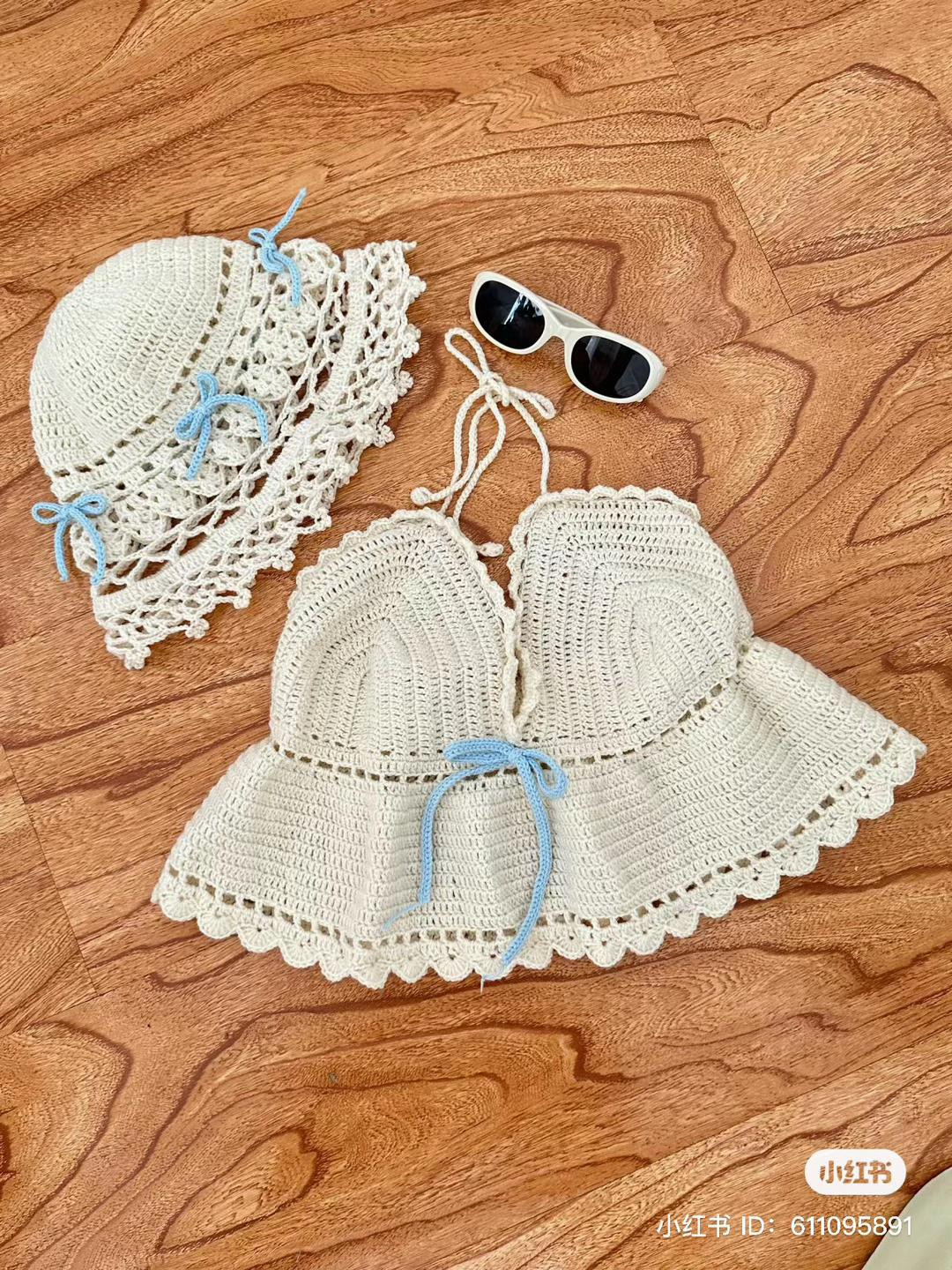 Handmade Cream Crochet Hat and Bikini Set with Blue Bow Accents