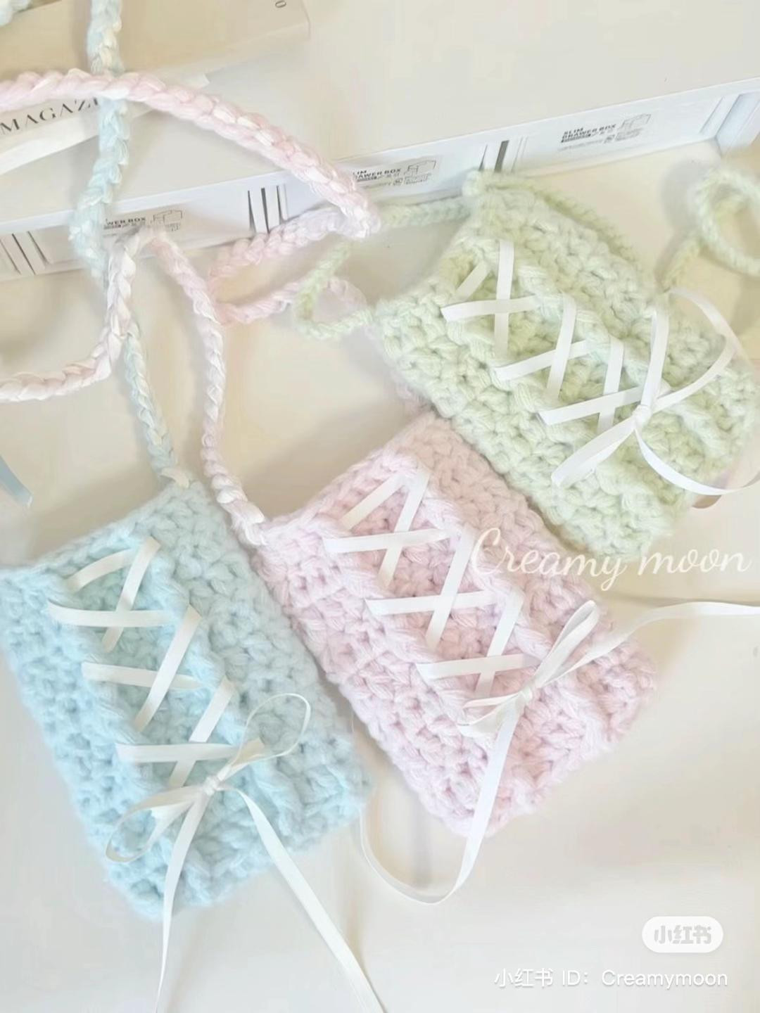 Handmade Crochet Bag Pattern Chart with Ribbon Lace-Up Detail in Pastel Colors