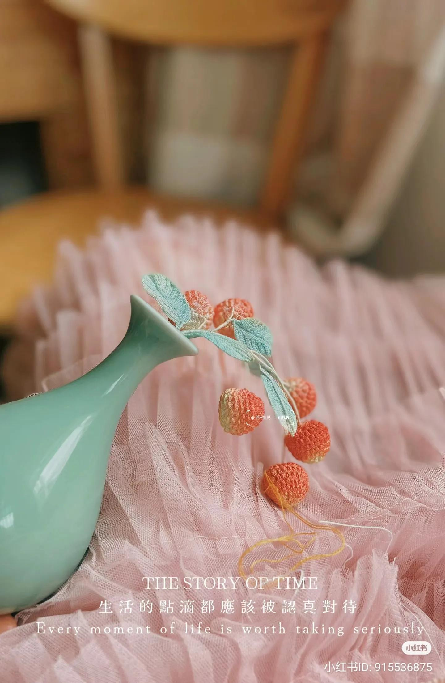 Handmade Crochet Bayberry Leaves and Fruits with Butterfly Decoration in Green Vase