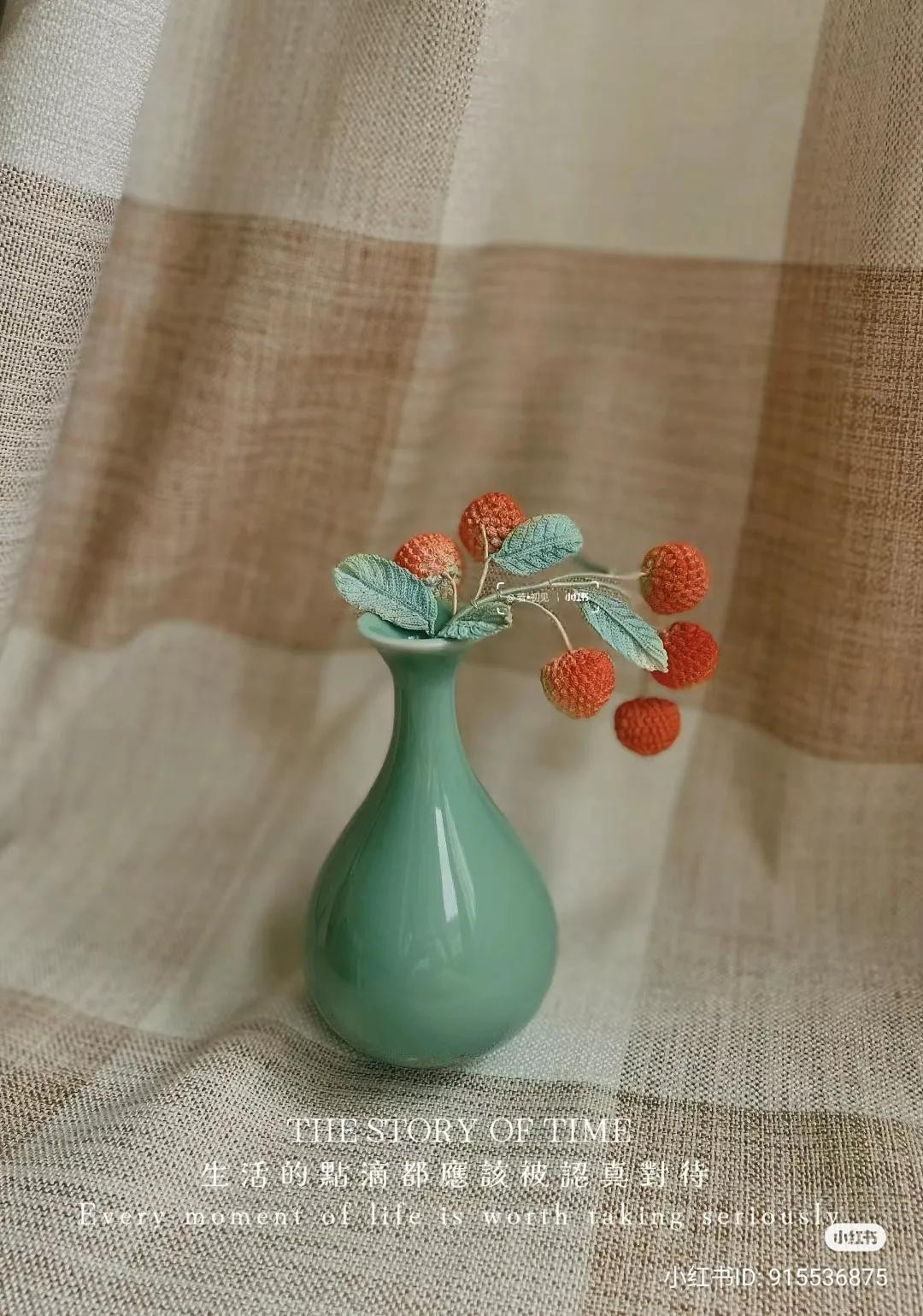 Handmade Crochet Bayberry Leaves and Fruits with Butterfly Decoration in Green Vase