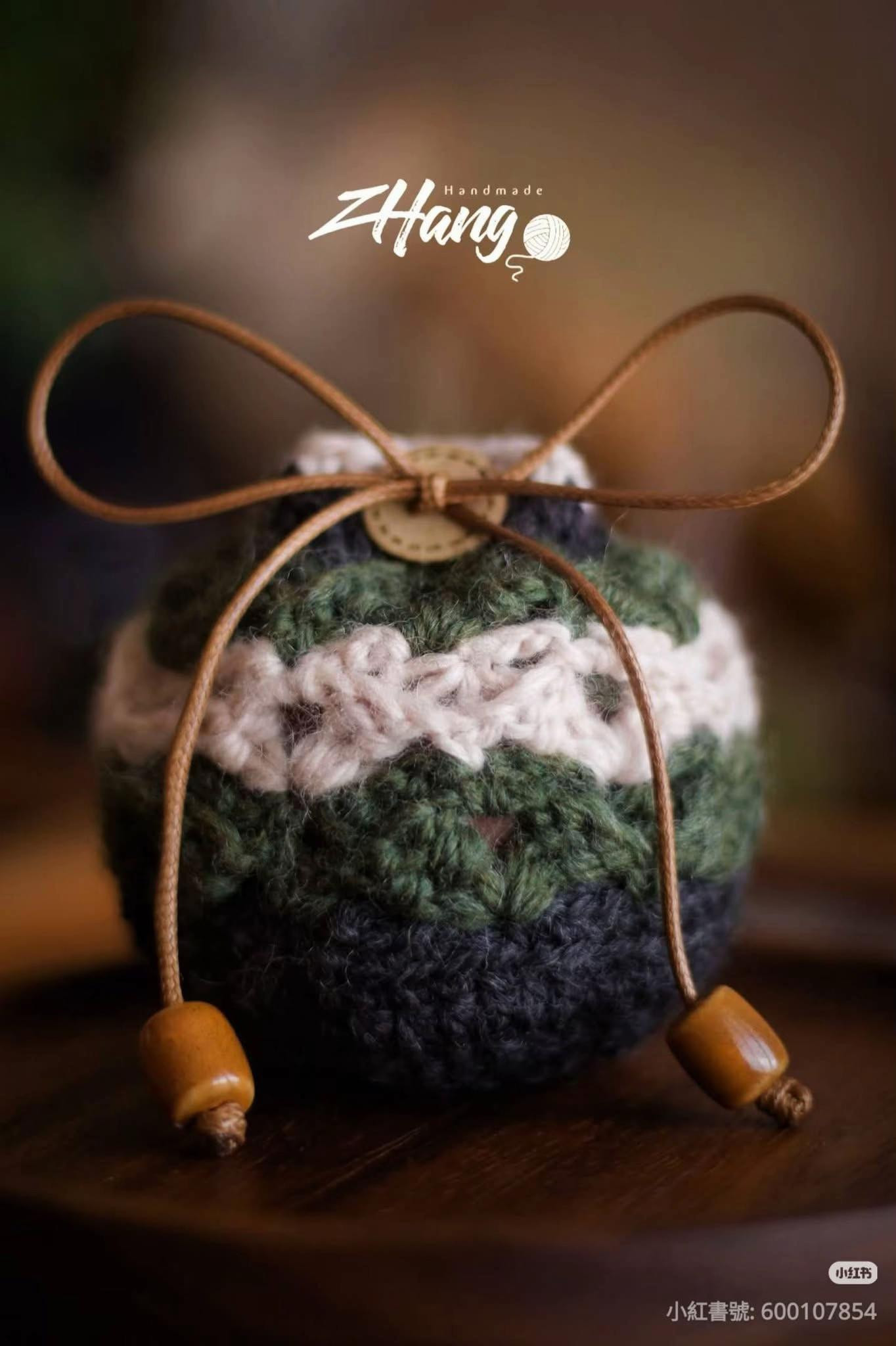 Handmade Crochet Drawstring Bag Pattern with Wood Beads