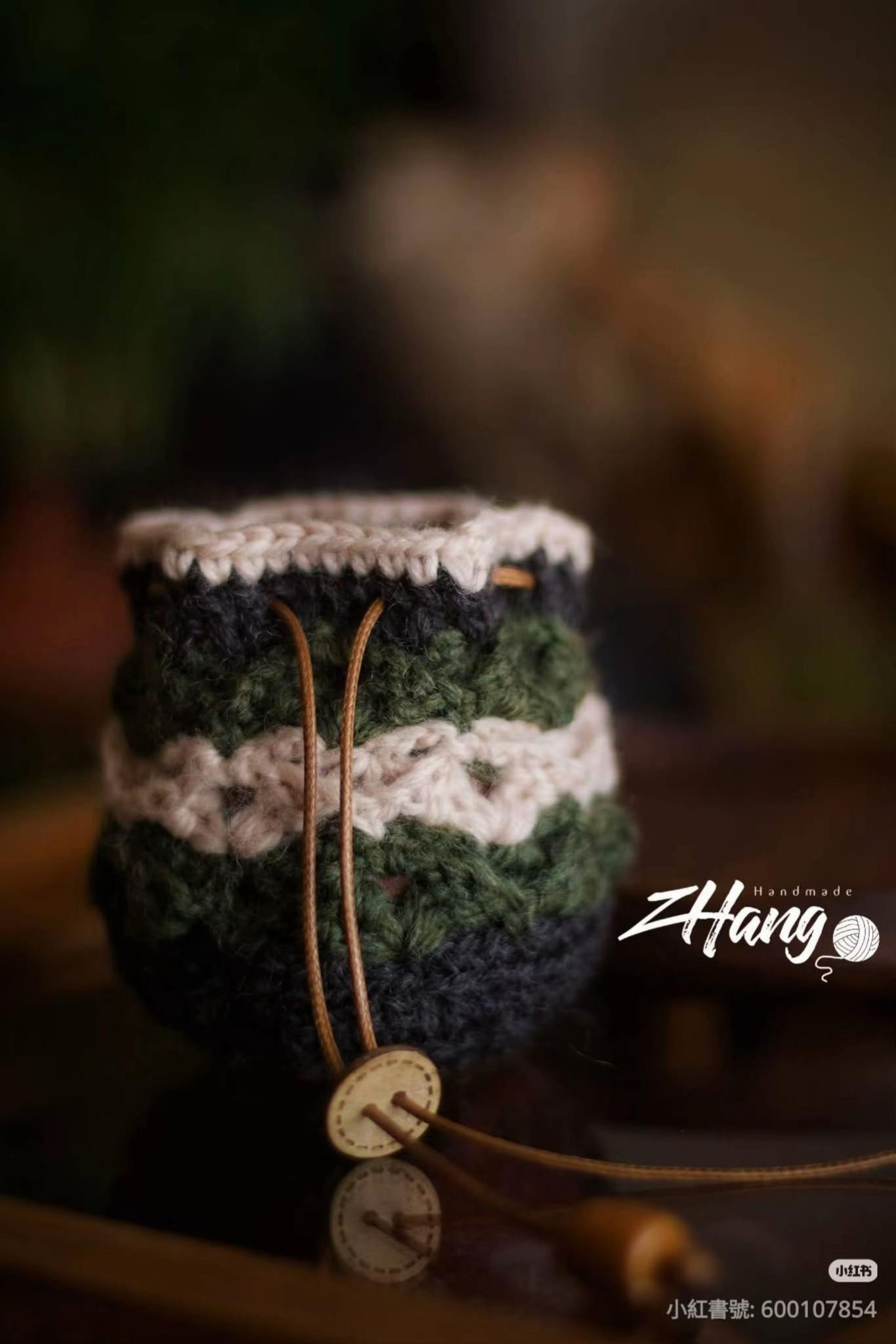 Handmade Crochet Drawstring Bag Pattern with Wood Beads