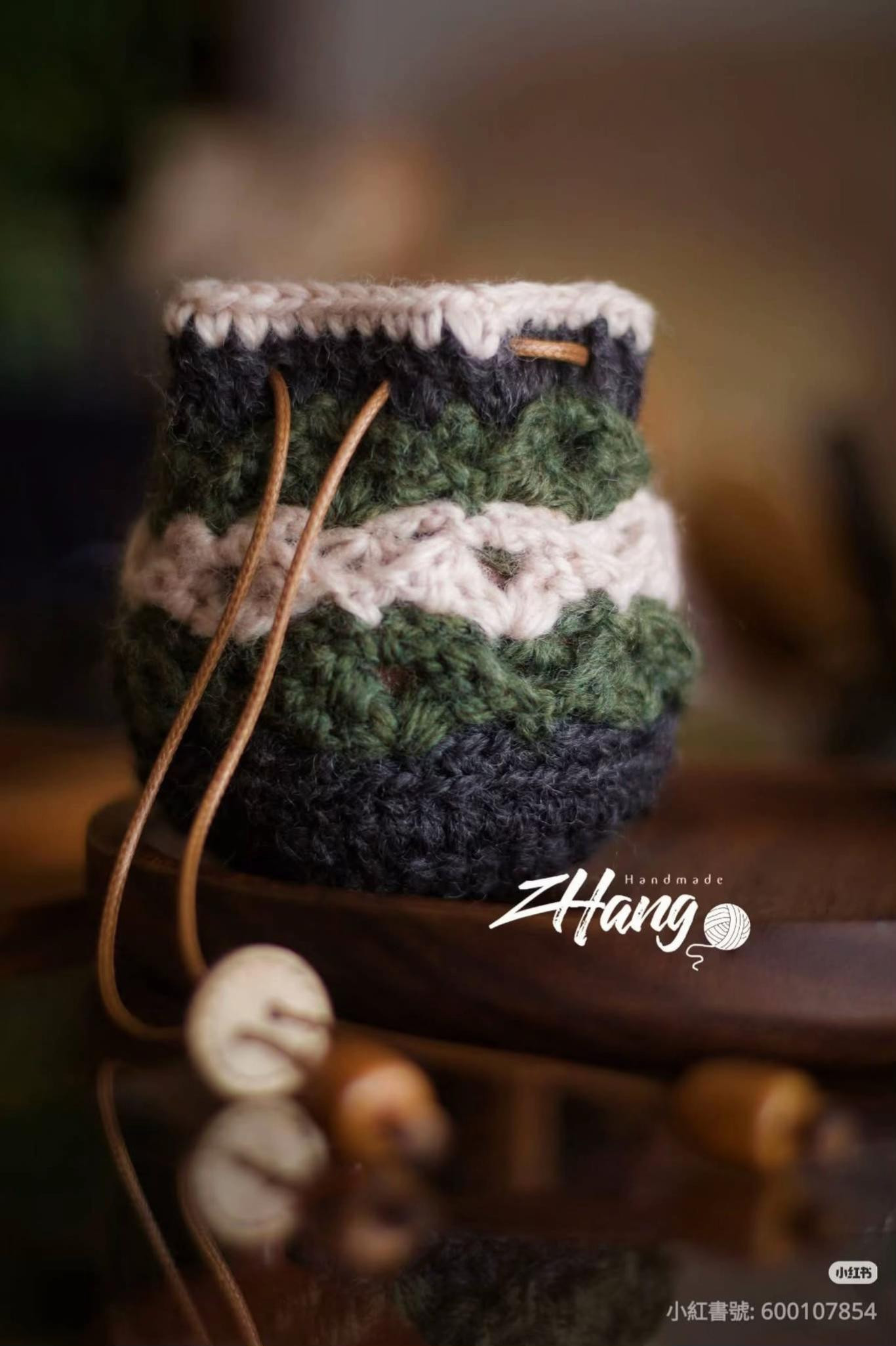 Handmade Crochet Drawstring Bag Pattern with Wood Beads