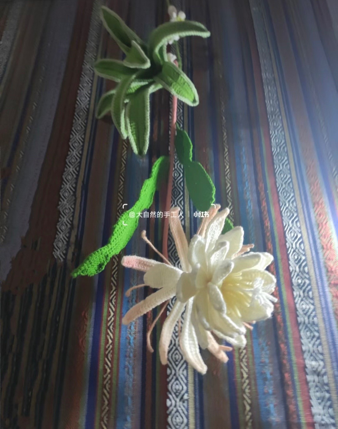 Handmade Crochet Epiphyllum Flower with Green Leaves