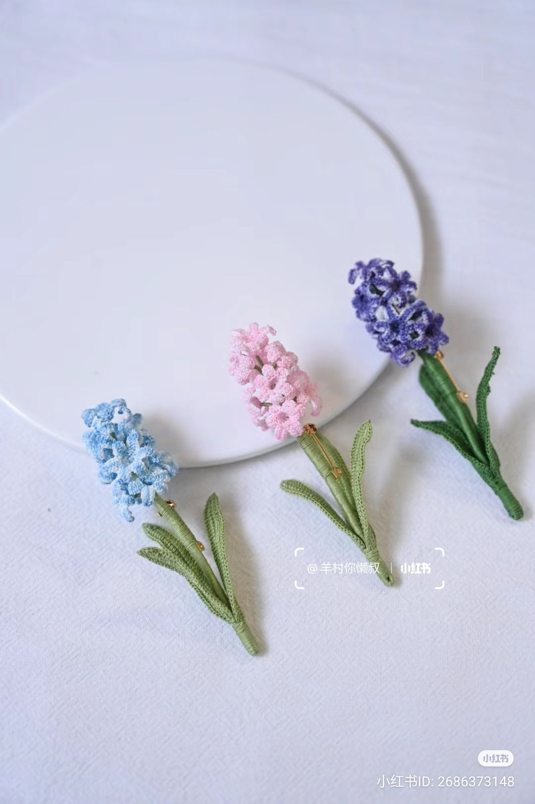 Handmade Crochet Hyacinth Flower Brooches in Blue, Pink and Purple