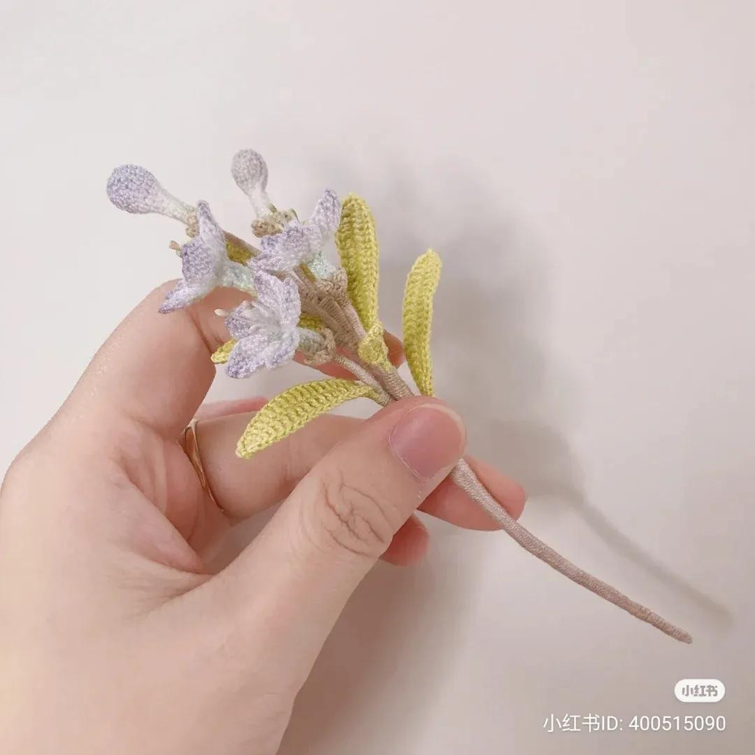 Handmade Crochet Lilac Flower with Leaves and Handwritten Pattern Chart