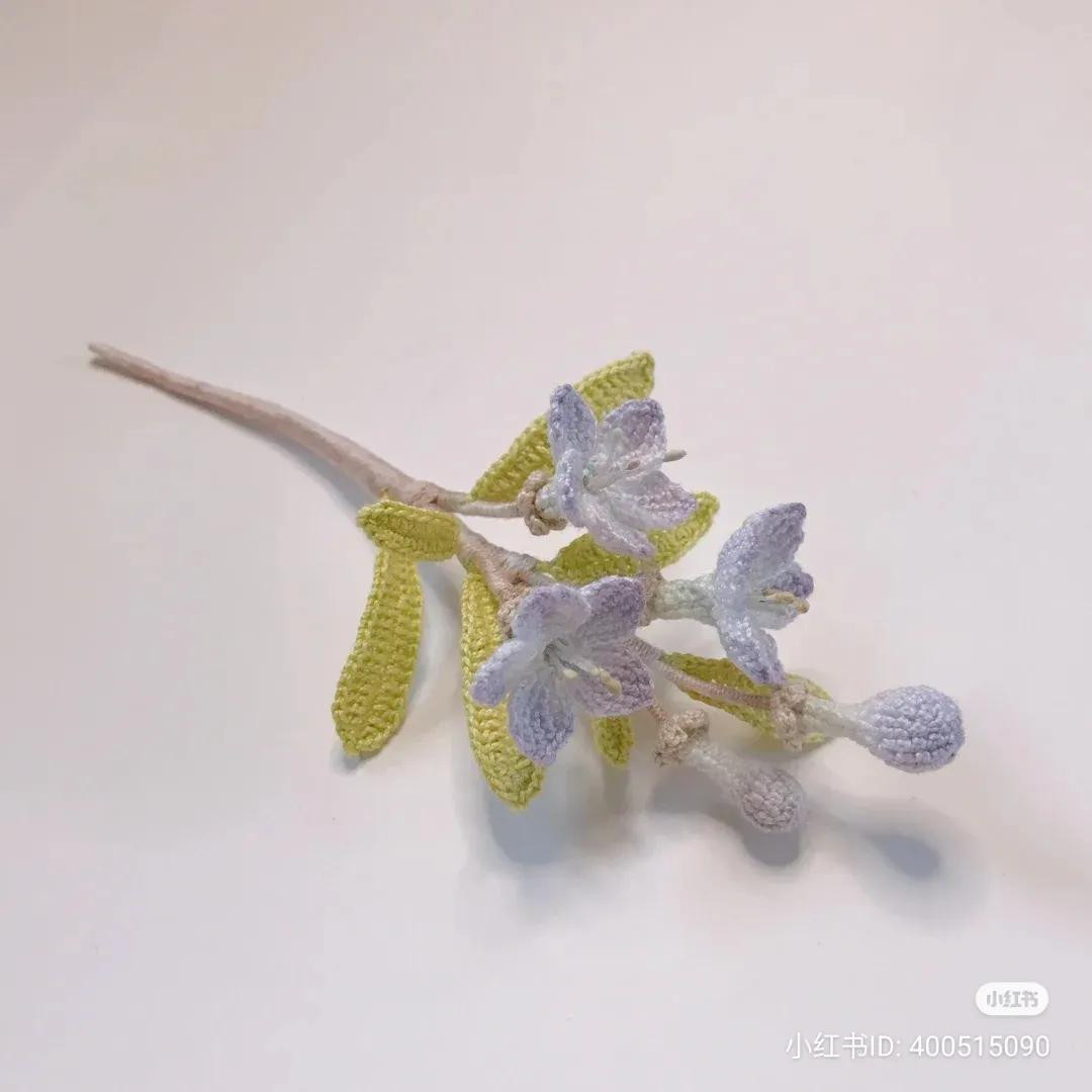 Handmade Crochet Lilac Flower with Leaves and Handwritten Pattern Chart