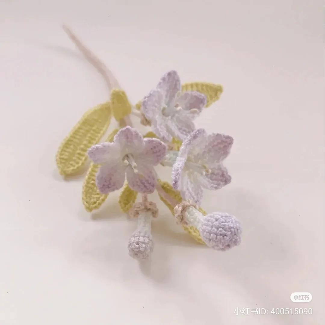 Handmade Crochet Lilac Flower with Leaves and Handwritten Pattern Chart