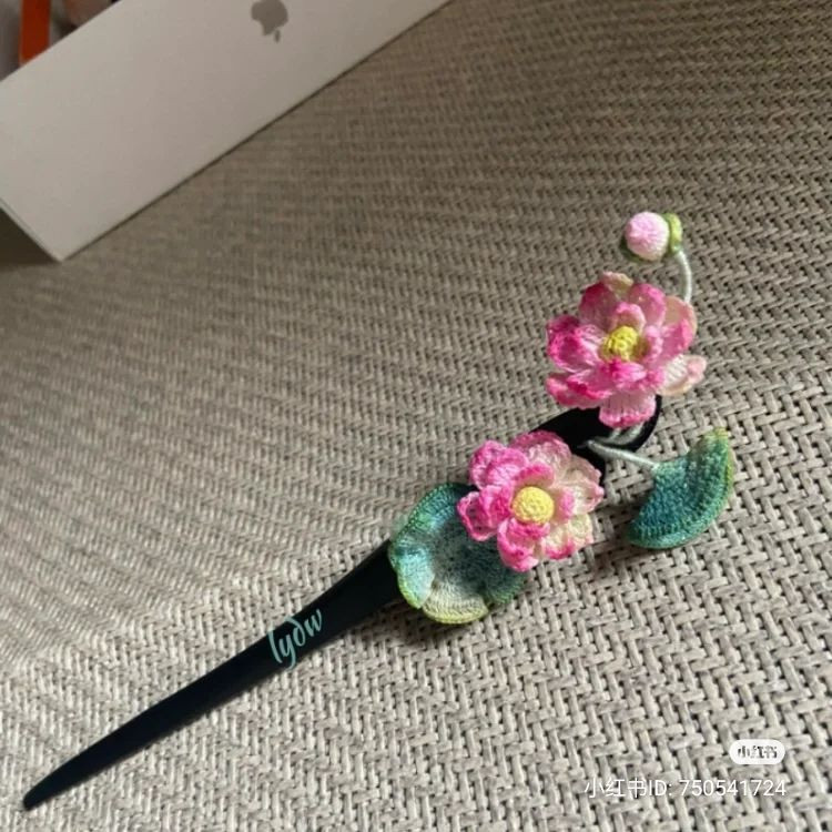 Handmade Crochet Lotus Flower Hair Stick with Detailed Pattern Chart and Tutorial