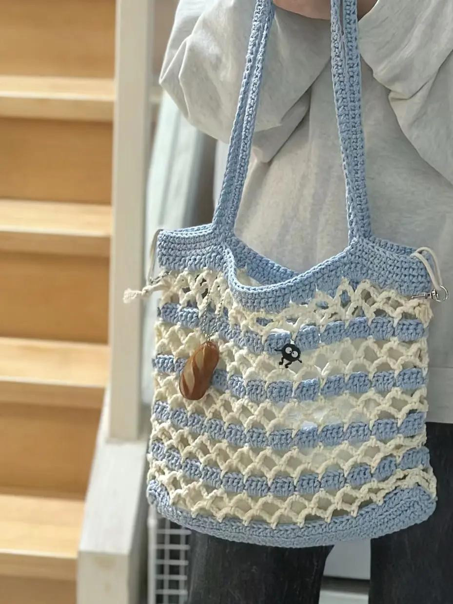 Handmade Crochet Mesh Tote Bag - Blue and Cream Striped Design with Cute Charms