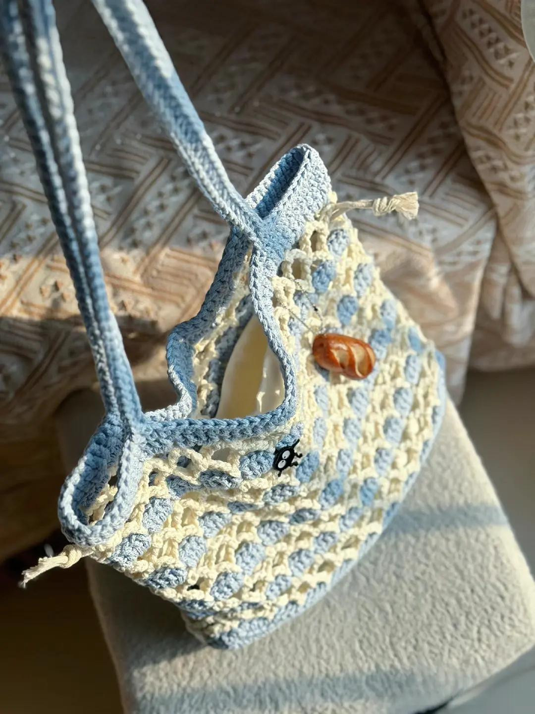 Handmade Crochet Mesh Tote Bag - Blue and Cream Striped Design with Cute Charms