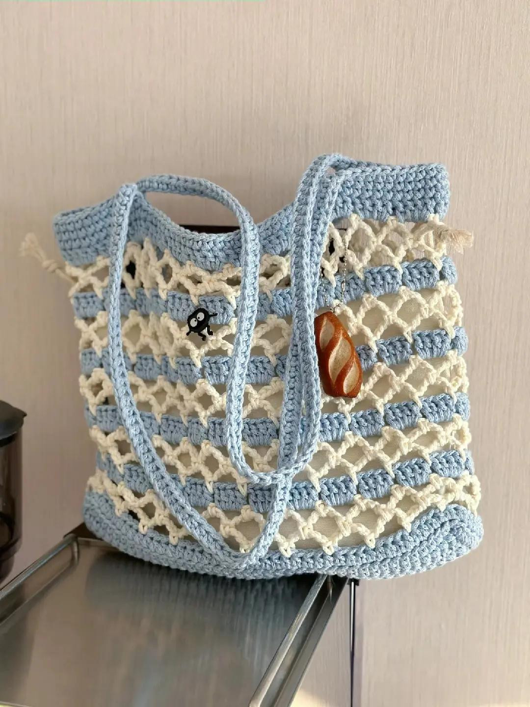 Handmade Crochet Mesh Tote Bag - Blue and Cream Striped Design with Cute Charms