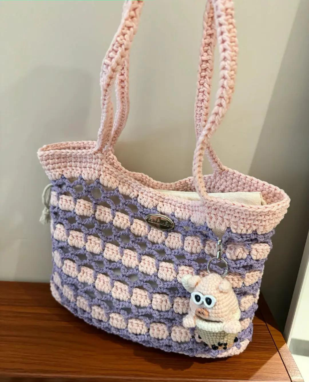 Handmade Crochet Mesh Tote Bag - Blue and Cream Striped Design with Cute Charms