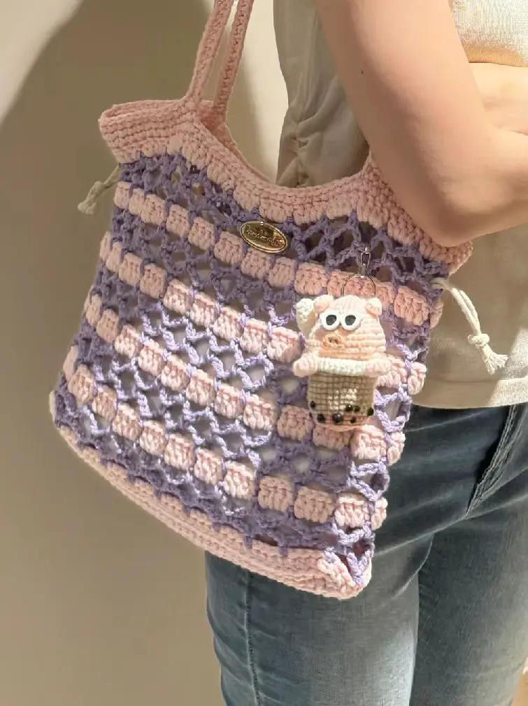 Handmade Crochet Mesh Tote Bag - Blue and Cream Striped Design with Cute Charms