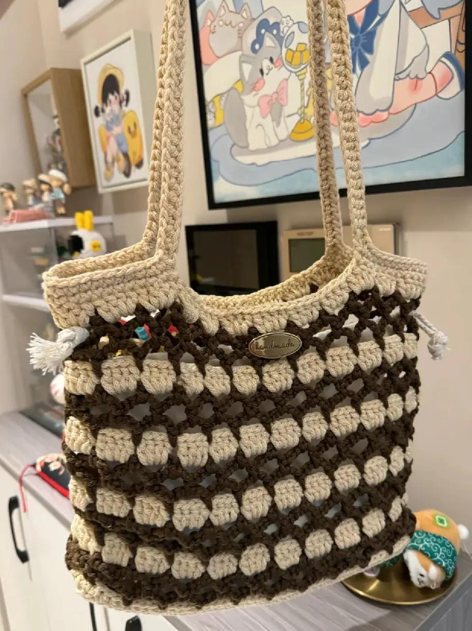 Handmade Crochet Mesh Tote Bag - Blue and Cream Striped Design with Cute Charms