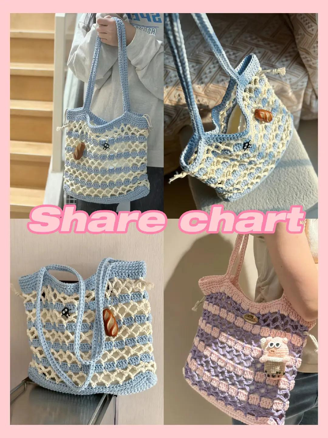 Handmade Crochet Mesh Tote Bag - Blue and Cream Striped Design with Cute Charms