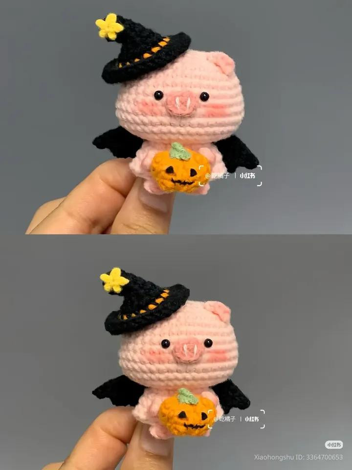 Handmade Crochet Pattern for Cute Halloween Pig Witch Doll with Pumpkin