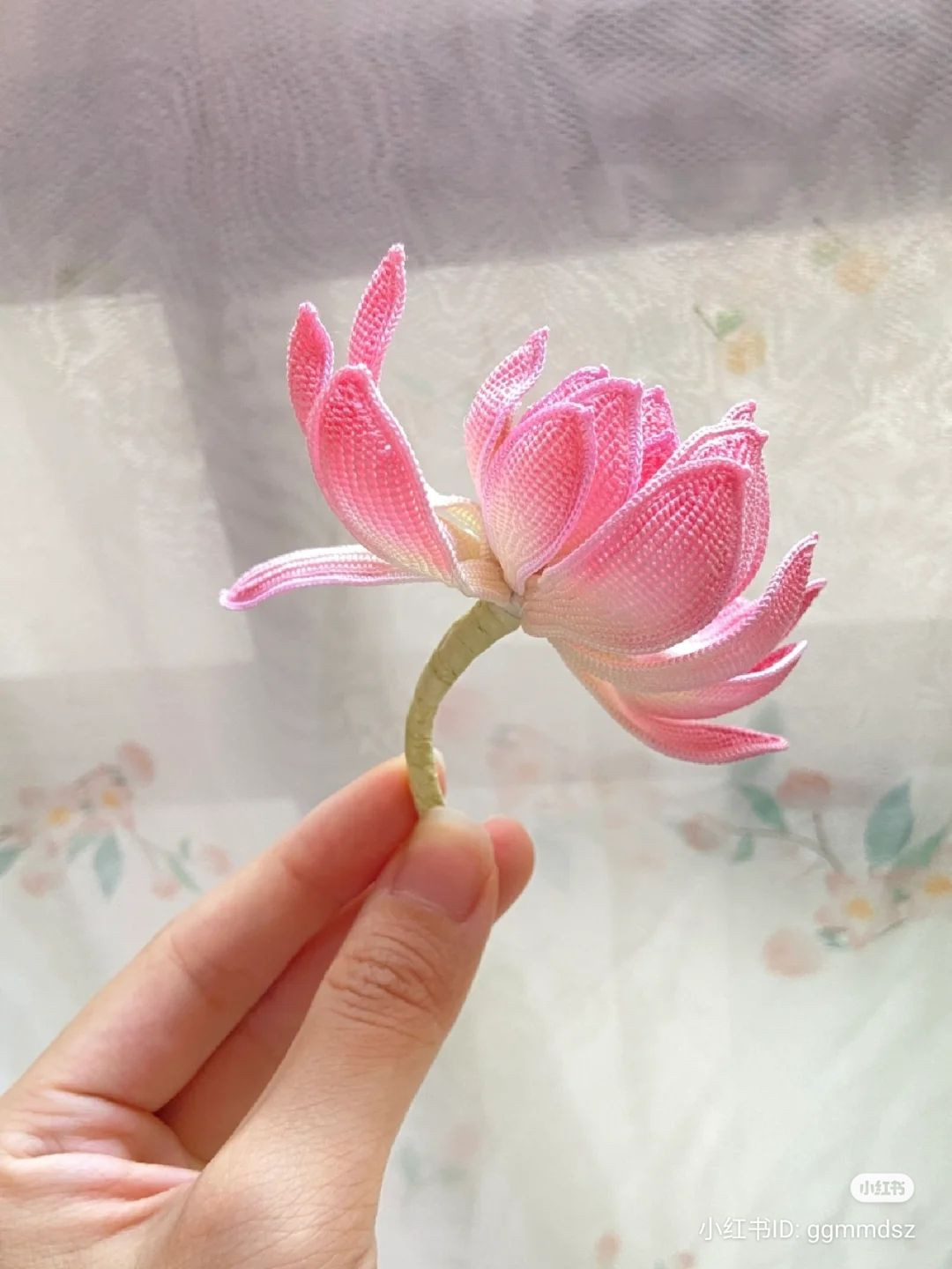 Handmade Crochet Pink Lotus Flower with Afghan Stitch Chart Pattern