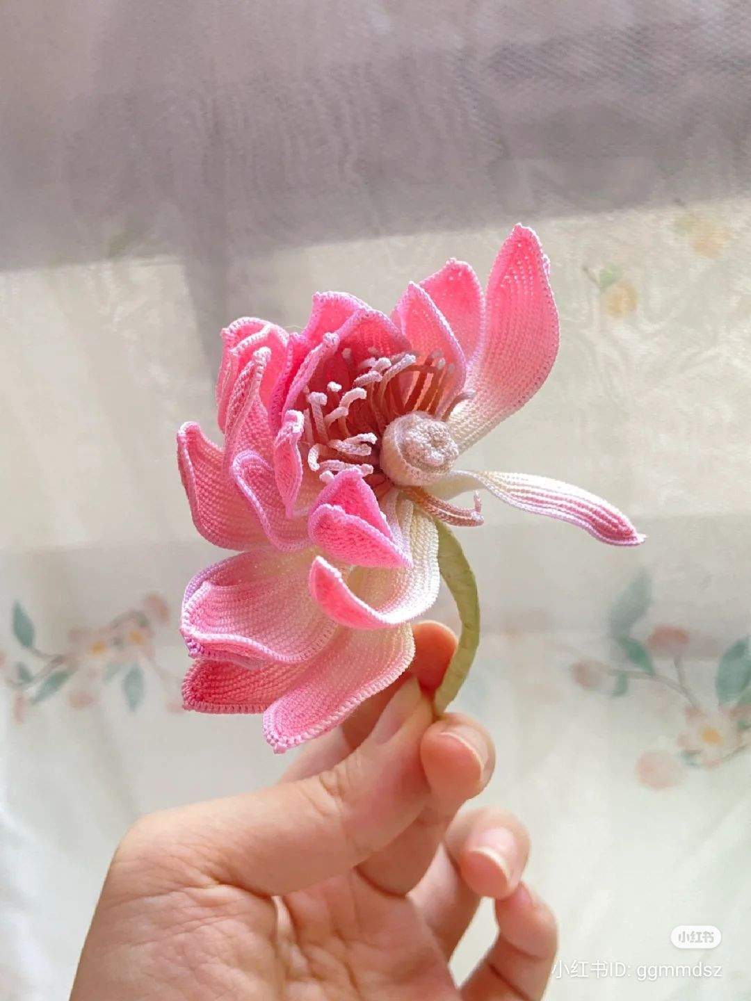 Handmade Crochet Pink Lotus Flower with Afghan Stitch Chart Pattern