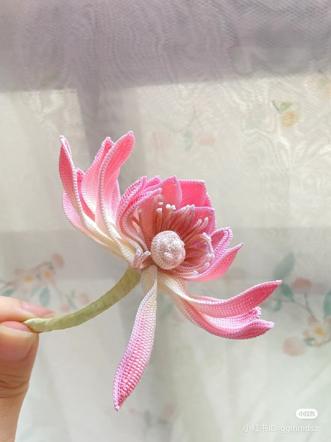 Handmade Crochet Pink Lotus Flower with Afghan Stitch Chart Pattern