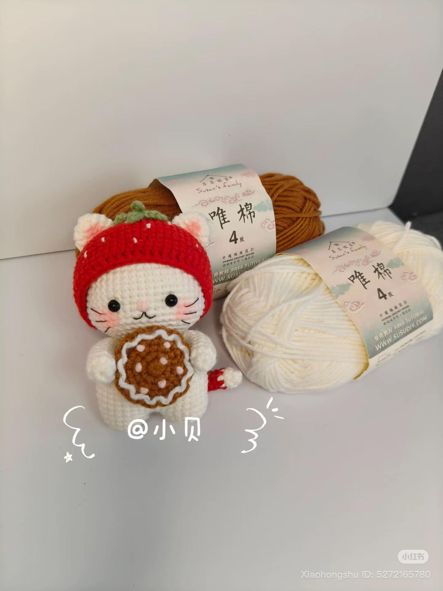 Handmade Crochet Strawberry Cat Holding Cookie Amigurumi Pattern