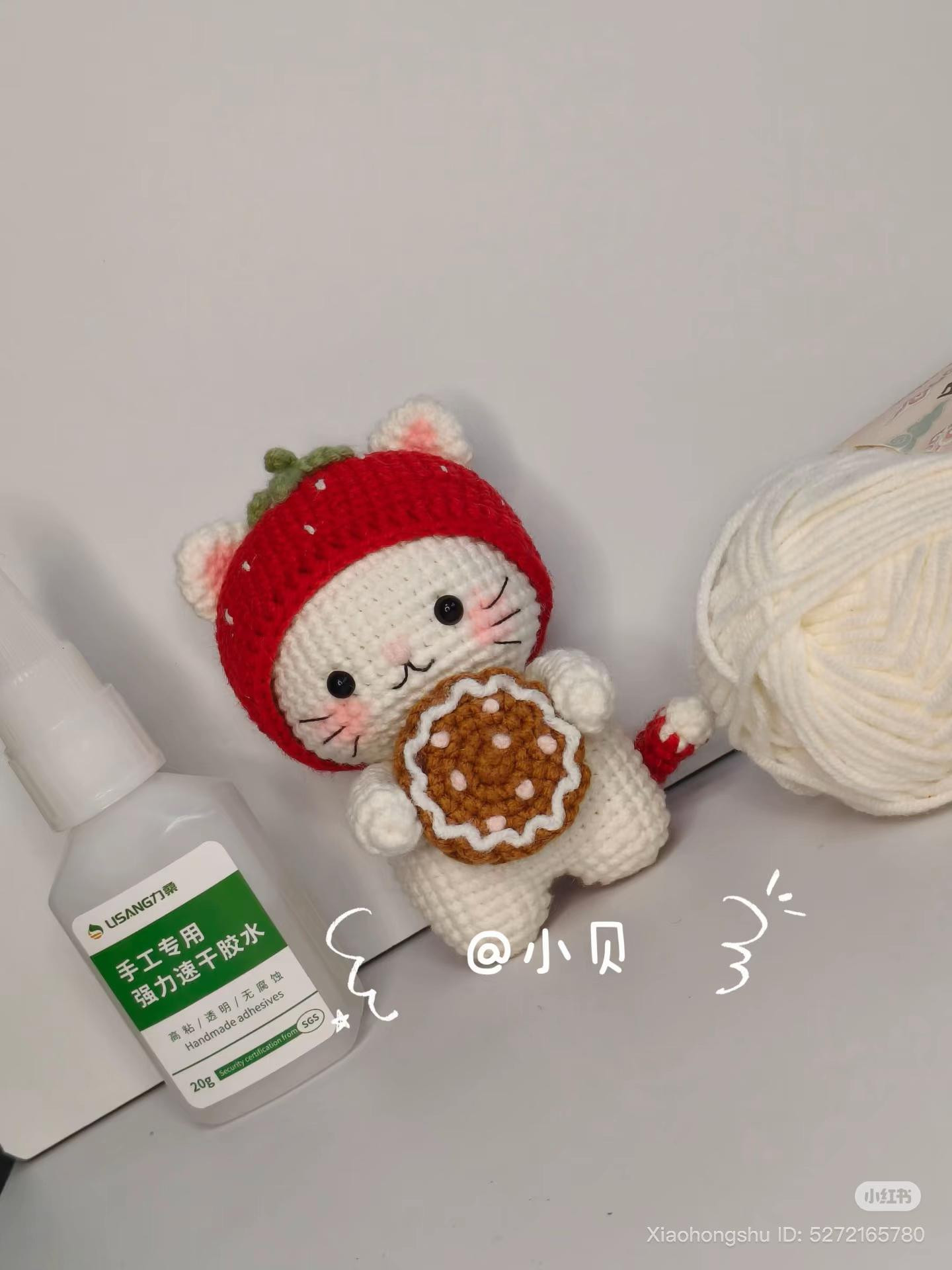 Handmade Crochet Strawberry Cat Holding Cookie Amigurumi Pattern