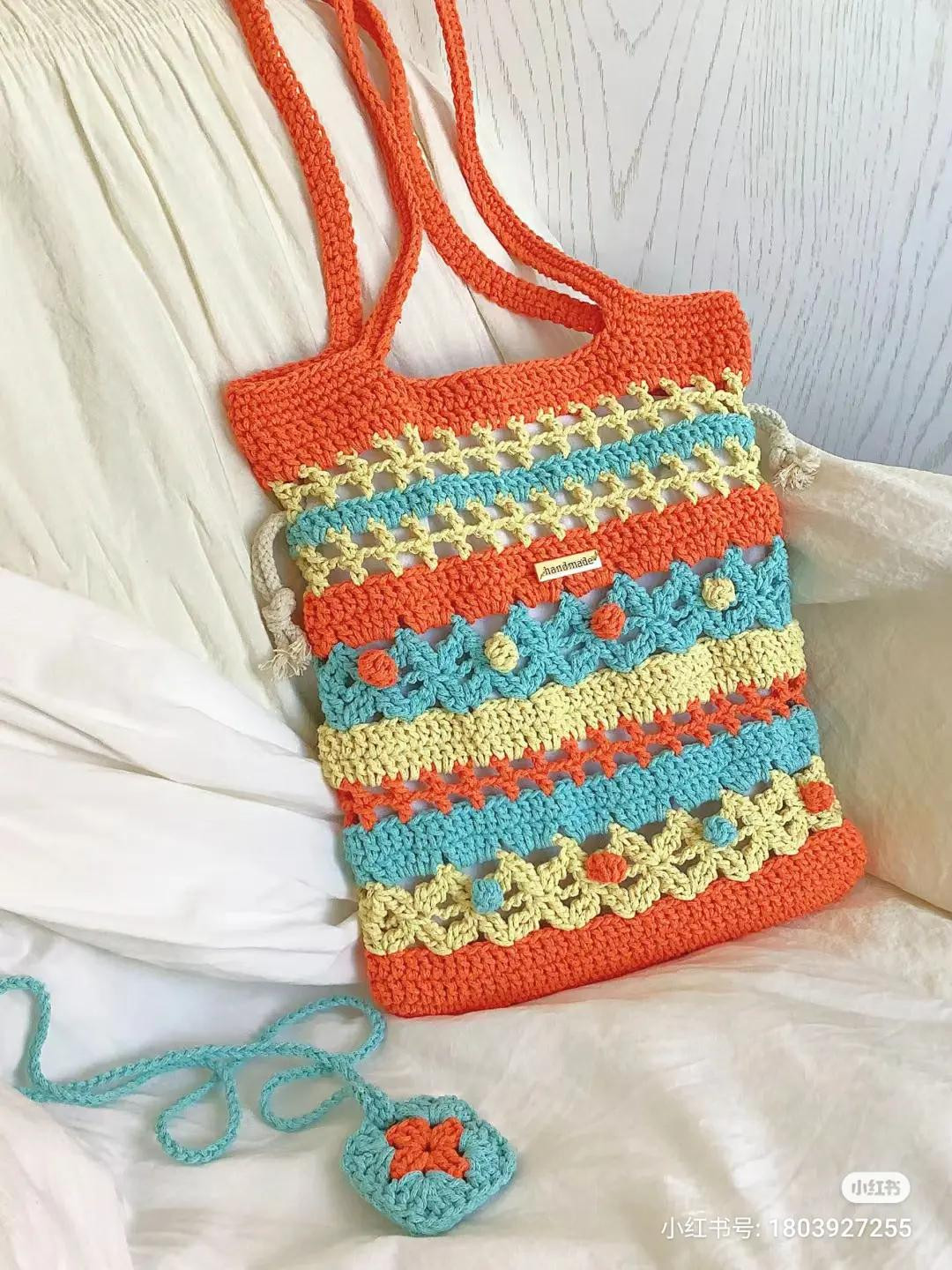 Handmade Crochet Summer Bag with Colorful Stripes and Matching Keychain Pattern Chart