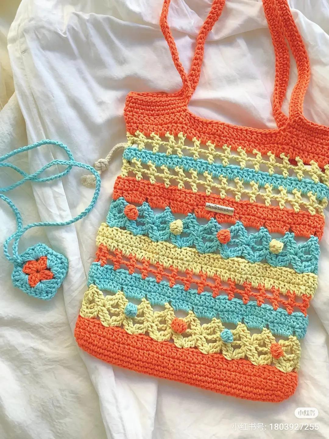 Handmade Crochet Summer Bag with Colorful Stripes and Matching Keychain Pattern Chart