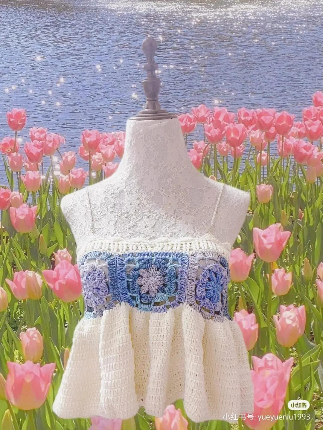 Handmade Crochet Summer Tops: Blue Flower Panel, Pastel Floral Set, and Pink Heart Vest Patterns