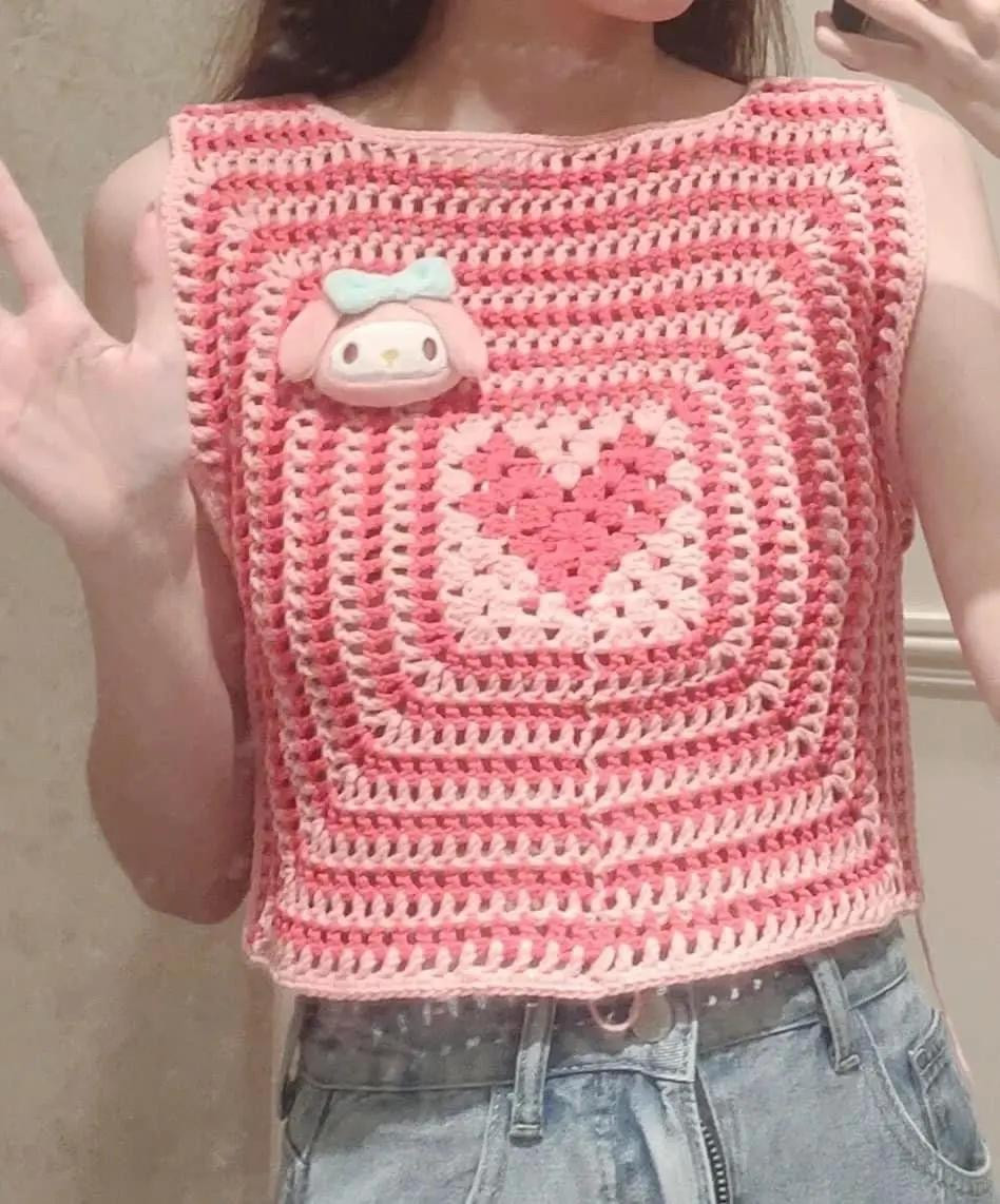Handmade Crochet Summer Tops: Blue Flower Panel, Pastel Floral Set, and Pink Heart Vest Patterns