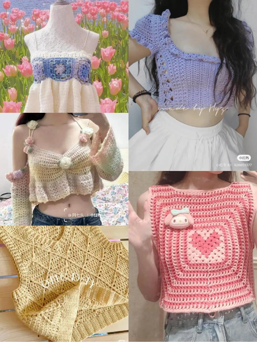 Handmade Crochet Summer Tops: Blue Flower Panel, Pastel Floral Set, and Pink Heart Vest Patterns