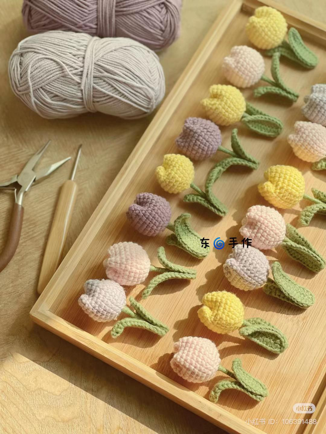 Handmade Crochet Tulip Flower Tutorial with Pastel Colors and Detailed Stitch Chart