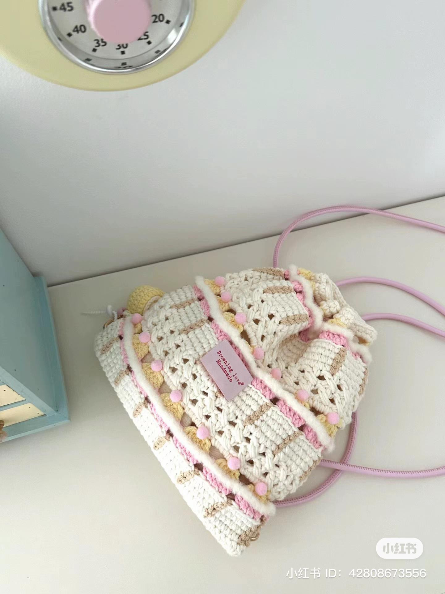 Handmade Pastel Crochet Drawstring Bag with Pom Poms and Matching Chart Pattern
