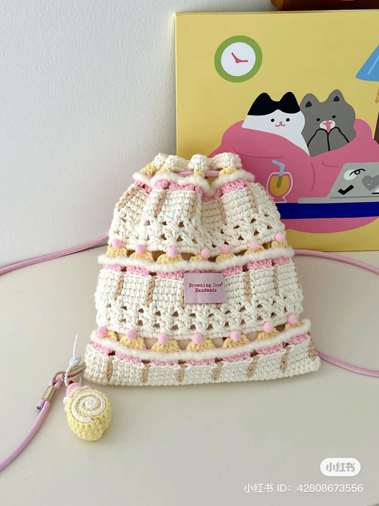 Handmade Pastel Crochet Drawstring Bag with Pom Poms and Matching Chart Pattern
