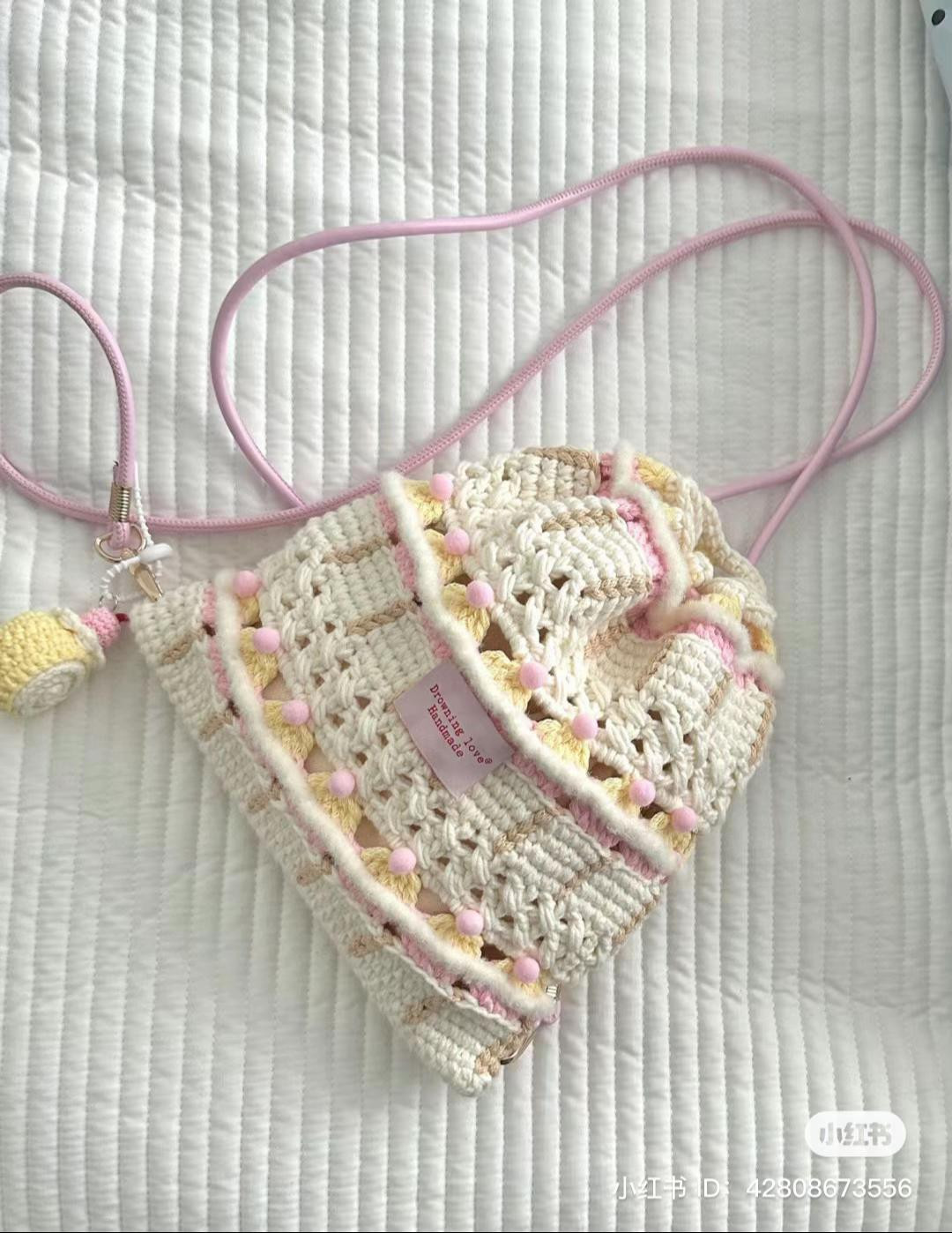 Handmade Pastel Crochet Drawstring Bag with Pom Poms and Matching Chart Pattern