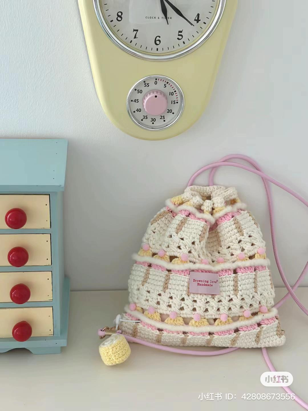 Handmade Pastel Crochet Drawstring Bag with Pom Poms and Matching Chart Pattern