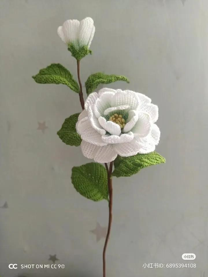 Handmade White Camellia Crochet Flower with Leaves and Tutorial Chart