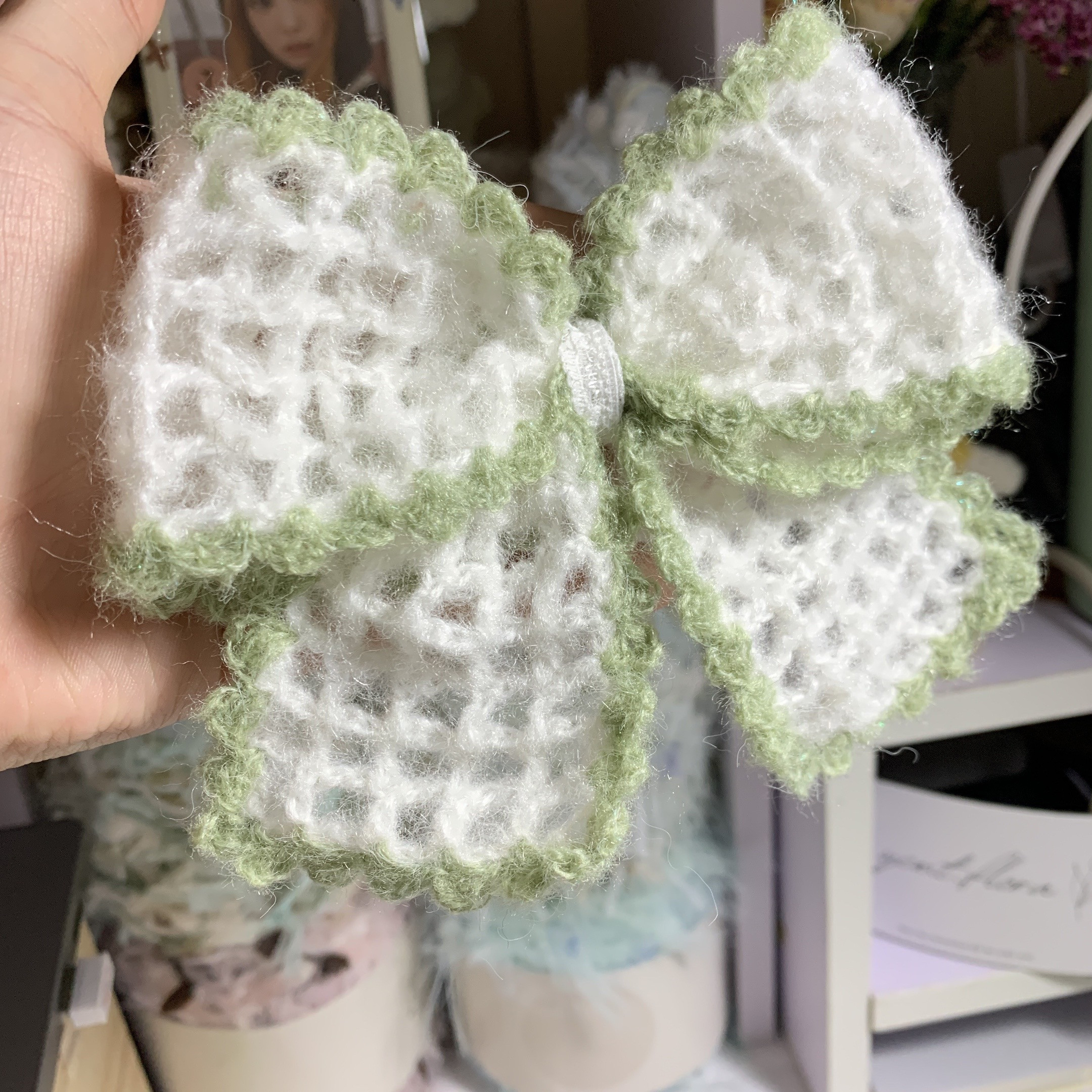 Handwritten Crochet Chart for Green and White Bow Pattern