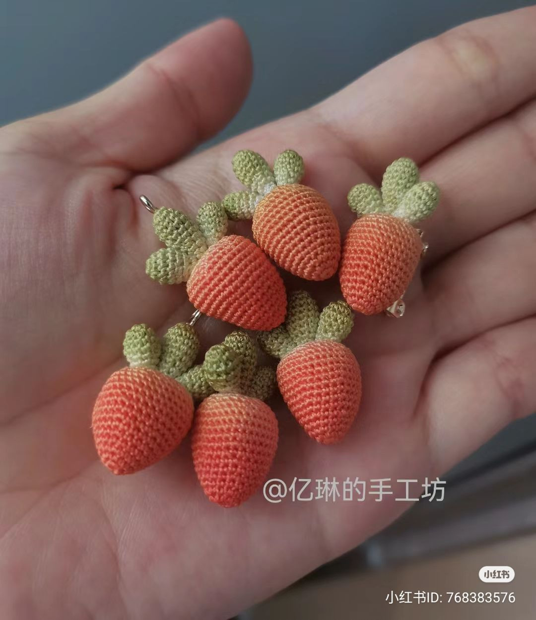 Handwritten crochet chart for mini strawberry amigurumi with leaves