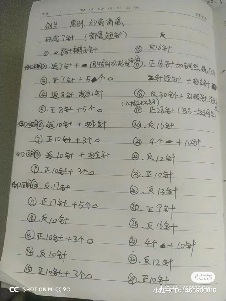 Handwritten crochet chart for pink and white gladiolus flowers