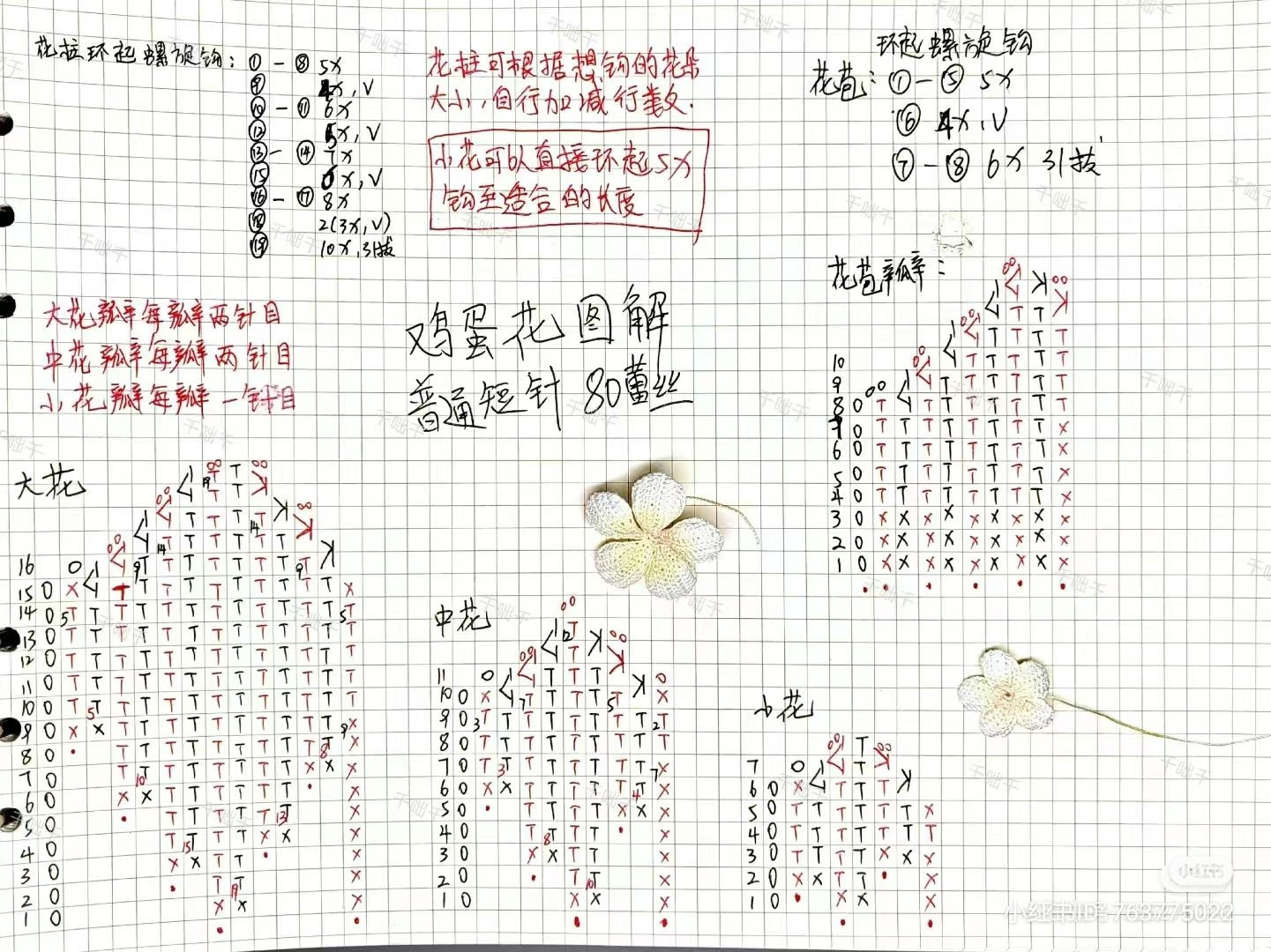 Handwritten Crochet Chart for White and Yellow Frangipani Flower