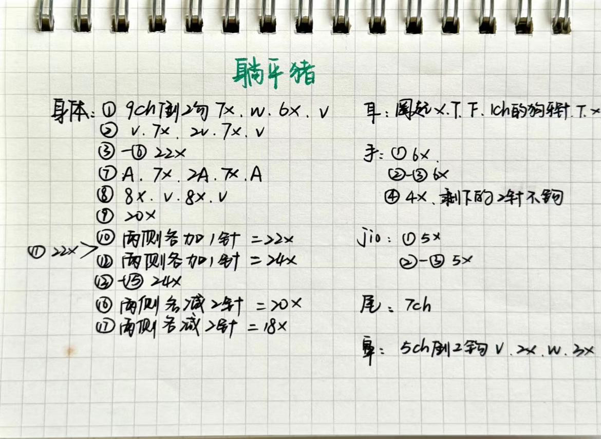 Handwritten crochet pattern chart for a flat pink pig amigurumi with red bow